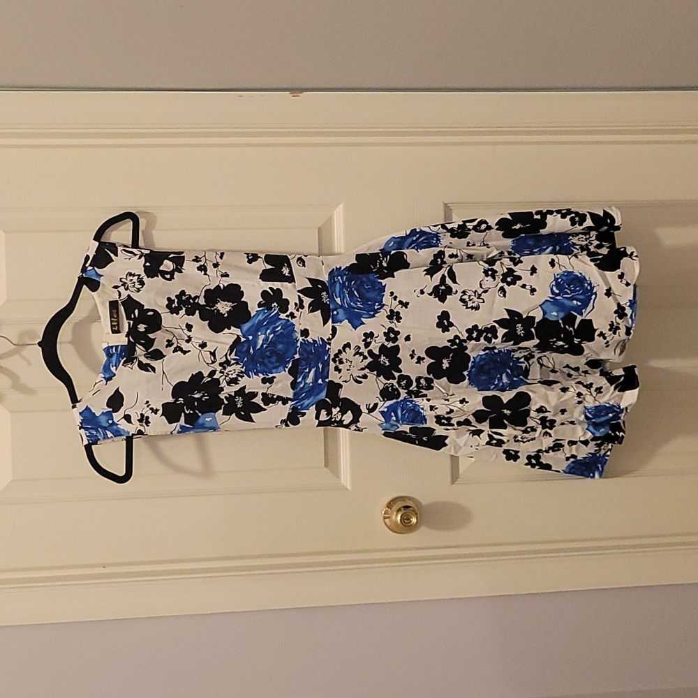 Black and blue floral tea dress